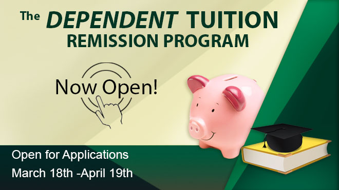 Dependent Tuition Remission Program now open - image of piggy bank, book and grad cap